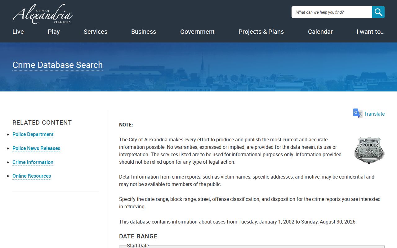 Alexandria City police crime database search for incident records